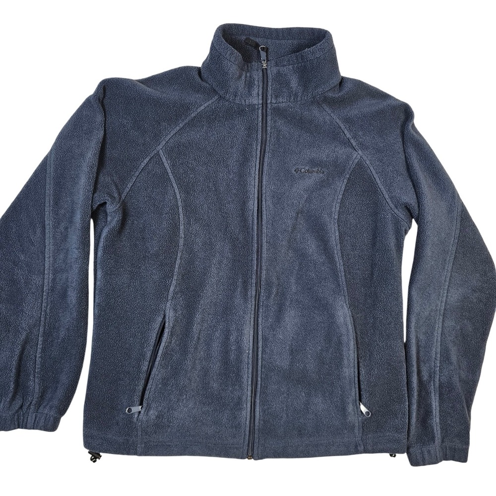 Columbia Womens XL Blue Gray Full Zip Fleece Jacket Mock Neck Pockets Raglan